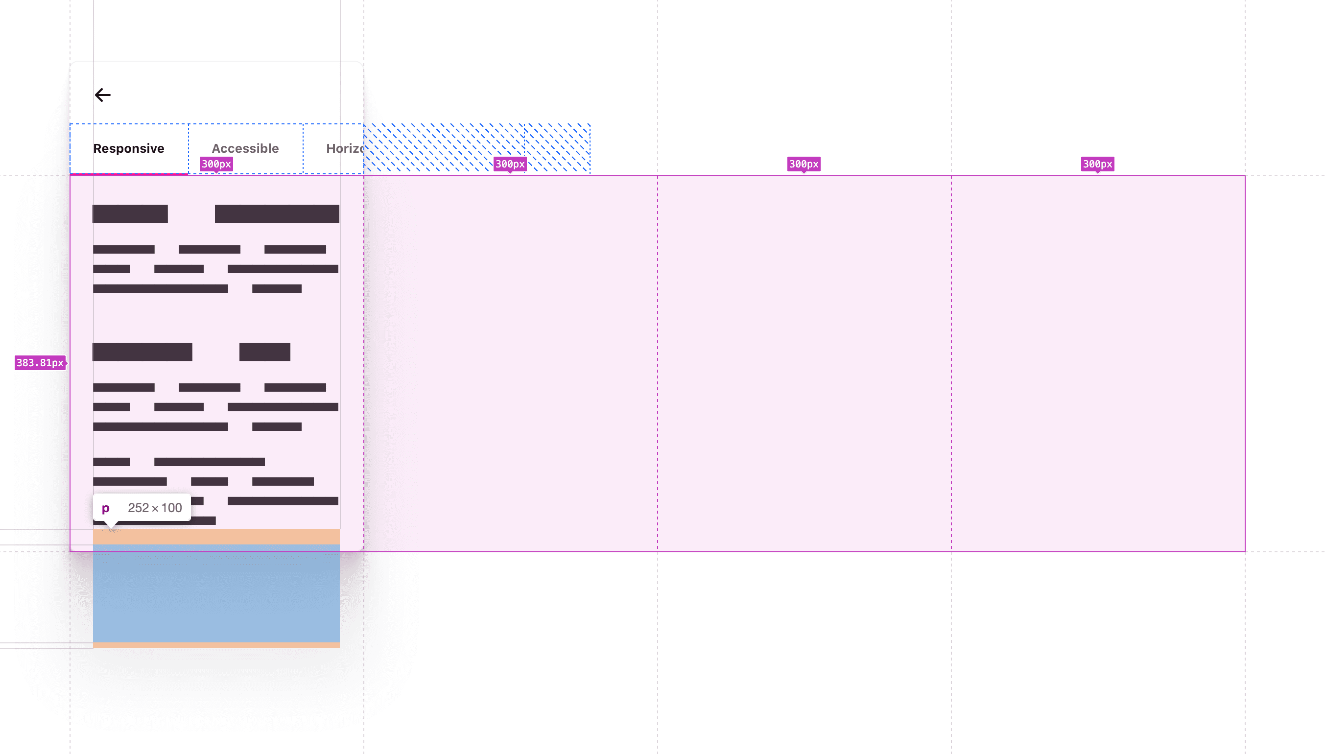 the scroll areas have grid and flexbox tool overlays, outlining the space they take up in the component and the direction they overflow