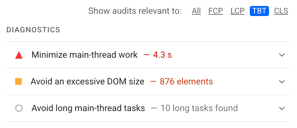 A screenshot of Lighthouse audits as seen in PageSpeed Insights. The audits are filtered by the TBT metric, showing tips for minimizing main thread work, avoiding an excessive DOM size, and avoiding long main thread tasks.