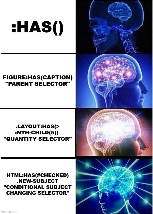 4 panels shown, each with an image and caption.
Each image shows a brain activating more and more brain power. The first panel is
says :has(). Second panel says figure:has(caption) as a parent selector.
Third panel says .layout:has(> :nth-child(5)) as a quantity selector.
Forth panel says html:has(#checked) .new-subject as conditional subject changing selector.