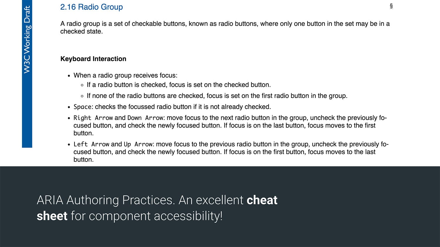An excerpt from the ARIA Authoring Practices guide explaining how to build a radio group.