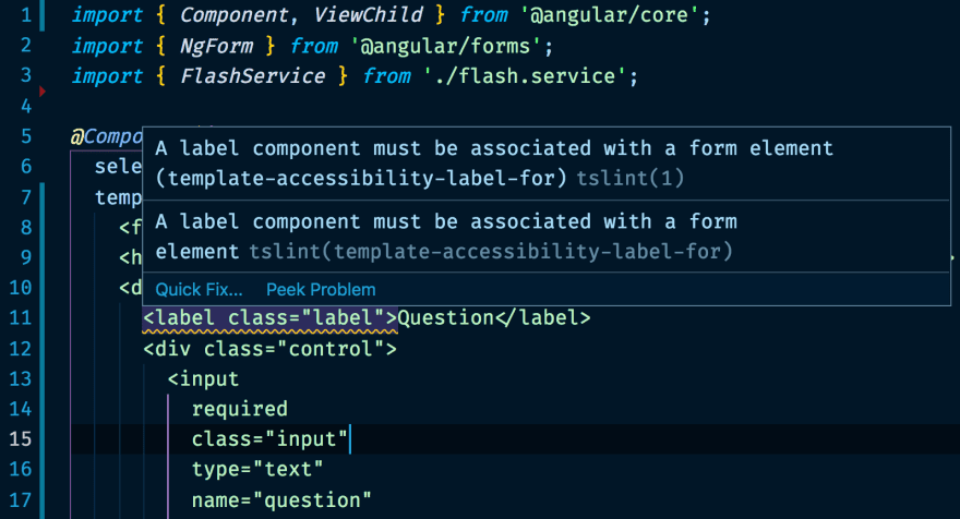 Captura de tela de um editor de código com um problema de acessibilidade sinalizado pelo codelyzer.