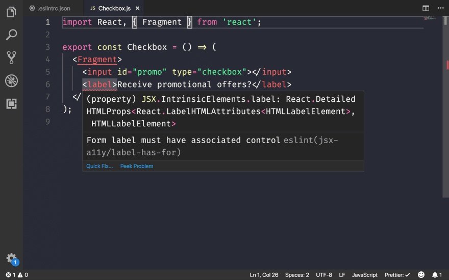 Screenshot of a code editor with an accessibility issue flagged by eslint-plugin-jsx-a11y.