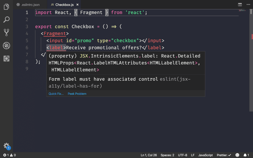 Capture d&#39;écran d&#39;un éditeur de code présentant un problème d&#39;accessibilité signalé par eslint-plugin-jsx-a11y.