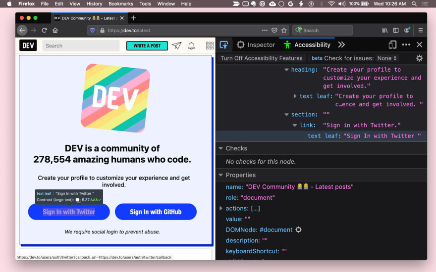 FireFox DevTools&#39;daki erişilebilirlik ağaç görünümünün ekran görüntüsü.