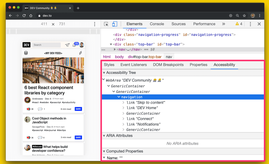 Capture d&#39;écran de la vue arborescente de l&#39;accessibilité dans Chrome DevTools.