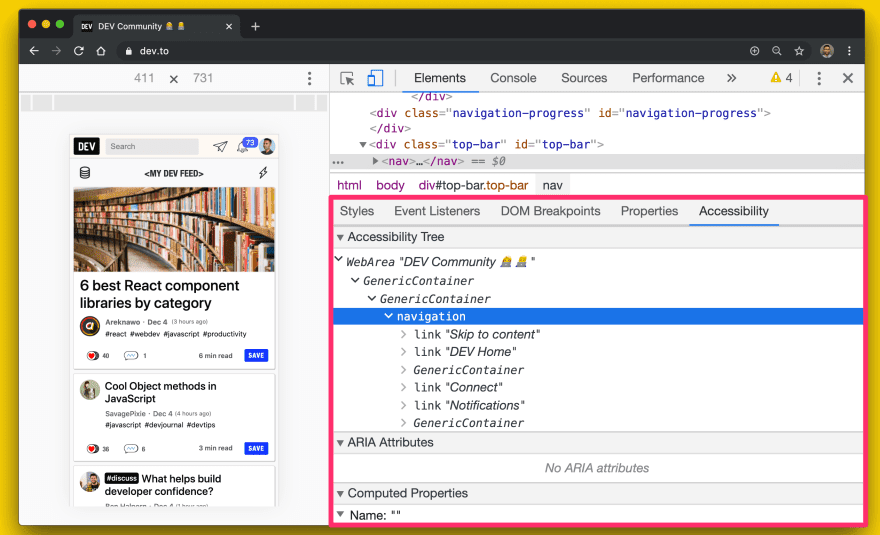 لقطة شاشة لعرض شجرة تسهيل الاستخدام في &quot;أدوات مطوري البرامج في Chrome&quot;.