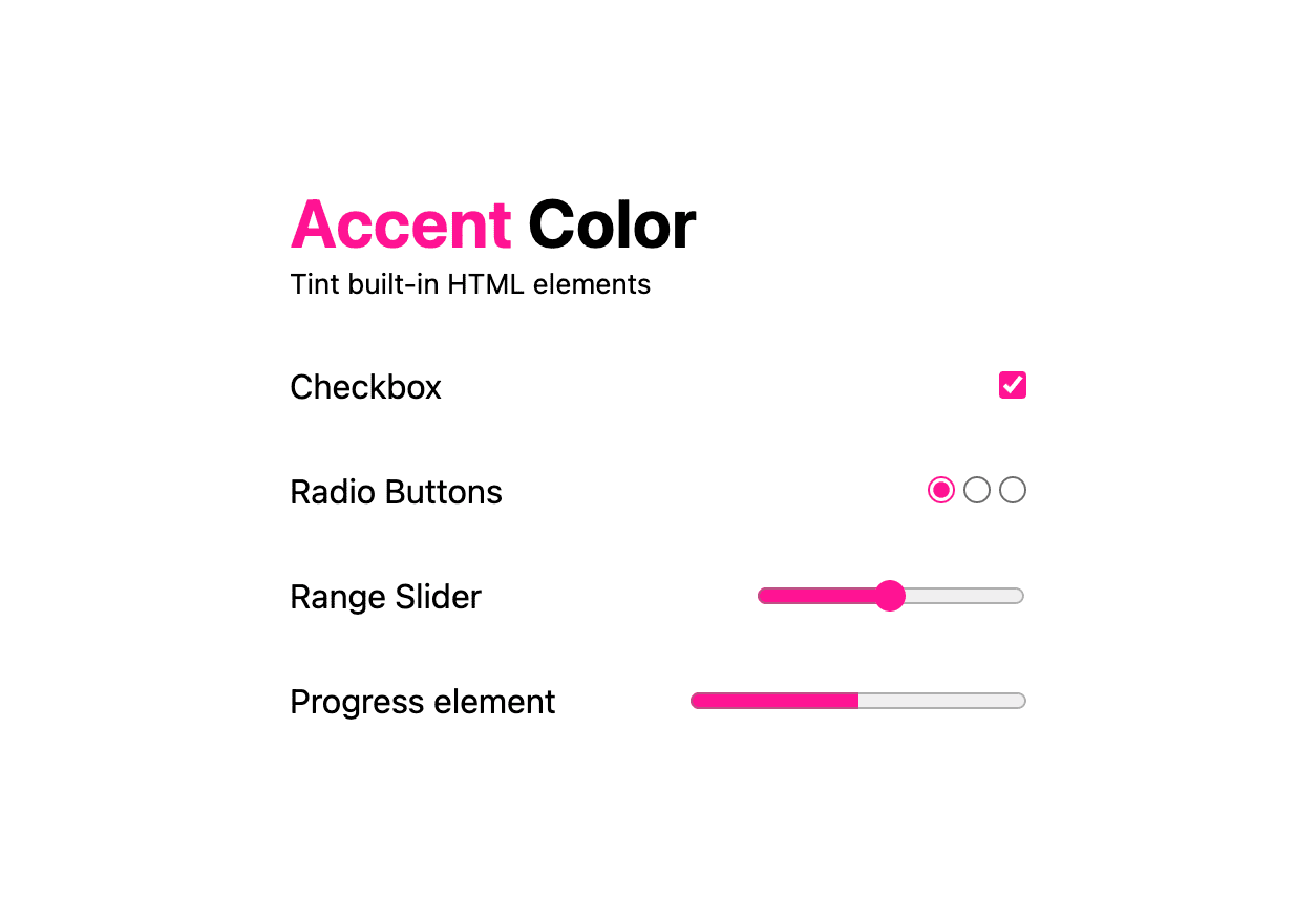 チェックボックス、ラジオボタン、範囲スライダー、進行状況要素がすべてホットピンク色になっている、アクセント カラーのデモのライトモードのスクリーンショット。