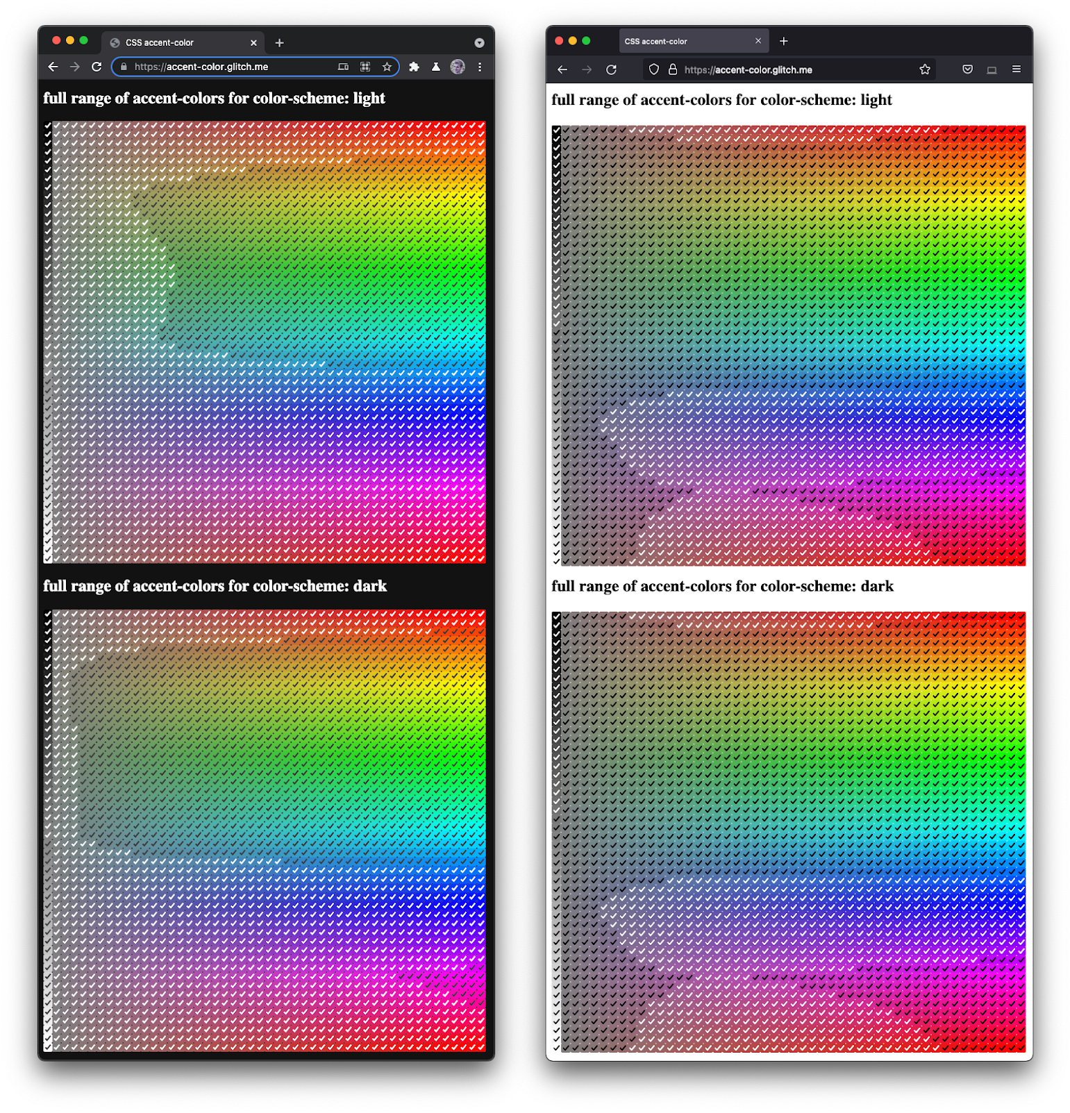 Firefox と Chromium を並べたスクリーンショット
  さまざまな色合いと暗さで多彩なチェックボックスをレンダリングしています。