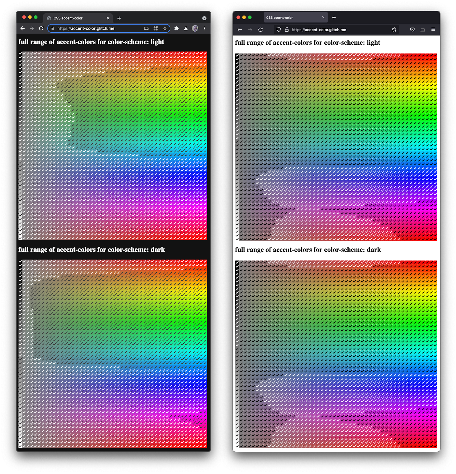 Firefox और Chromium का साथ-साथ का स्क्रीनशॉट,
  अलग-अलग रंगों और अंधेरे में चेकबॉक्स की पूरी रेंज रेंडर कर सकें.