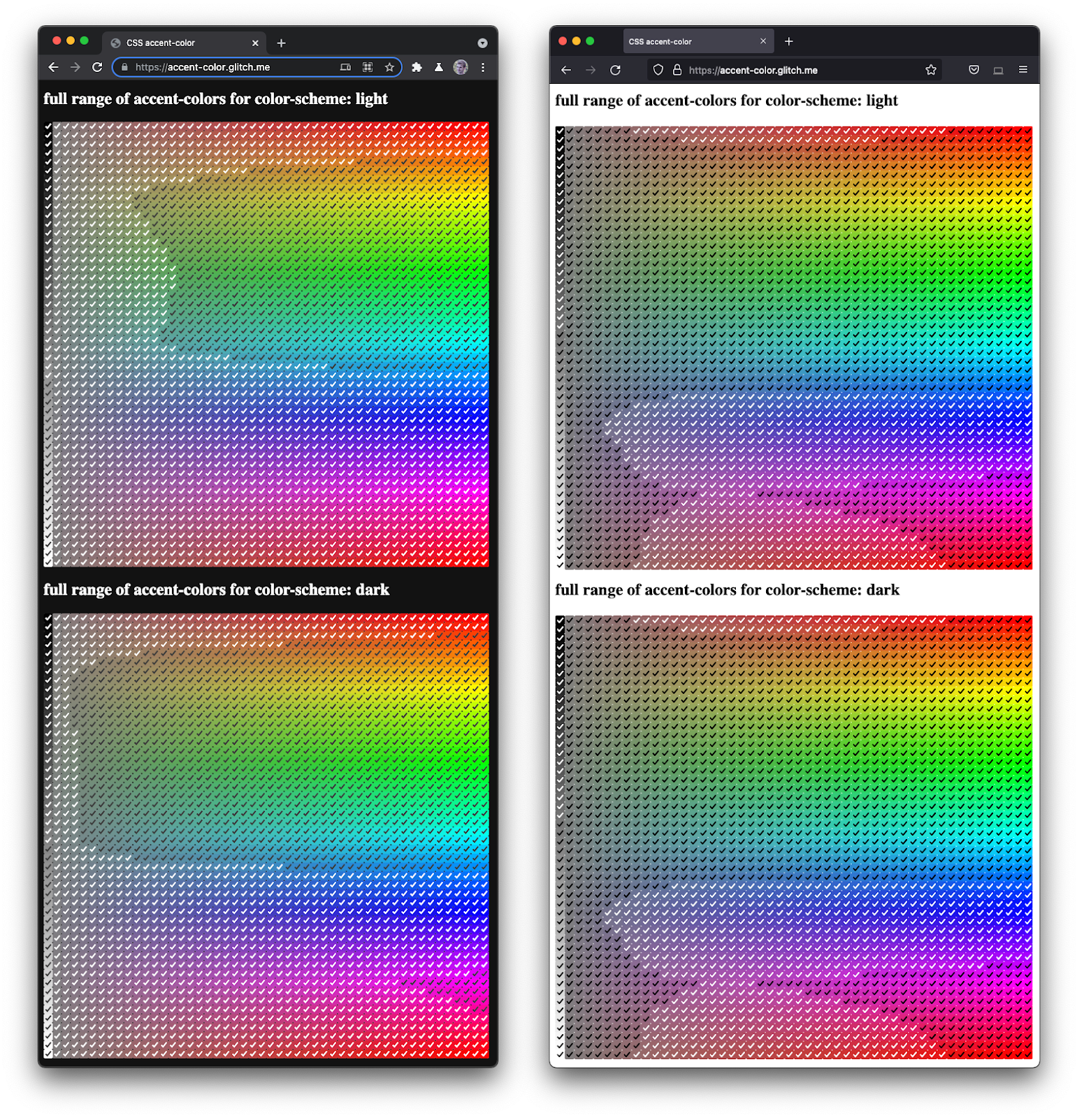Firefox ve Chromium'un yan yana gösterildiği, çeşitli tonlarda ve koyuluklarda tam bir onay kutusu spektrumu oluşturduğu ekran görüntüsü.