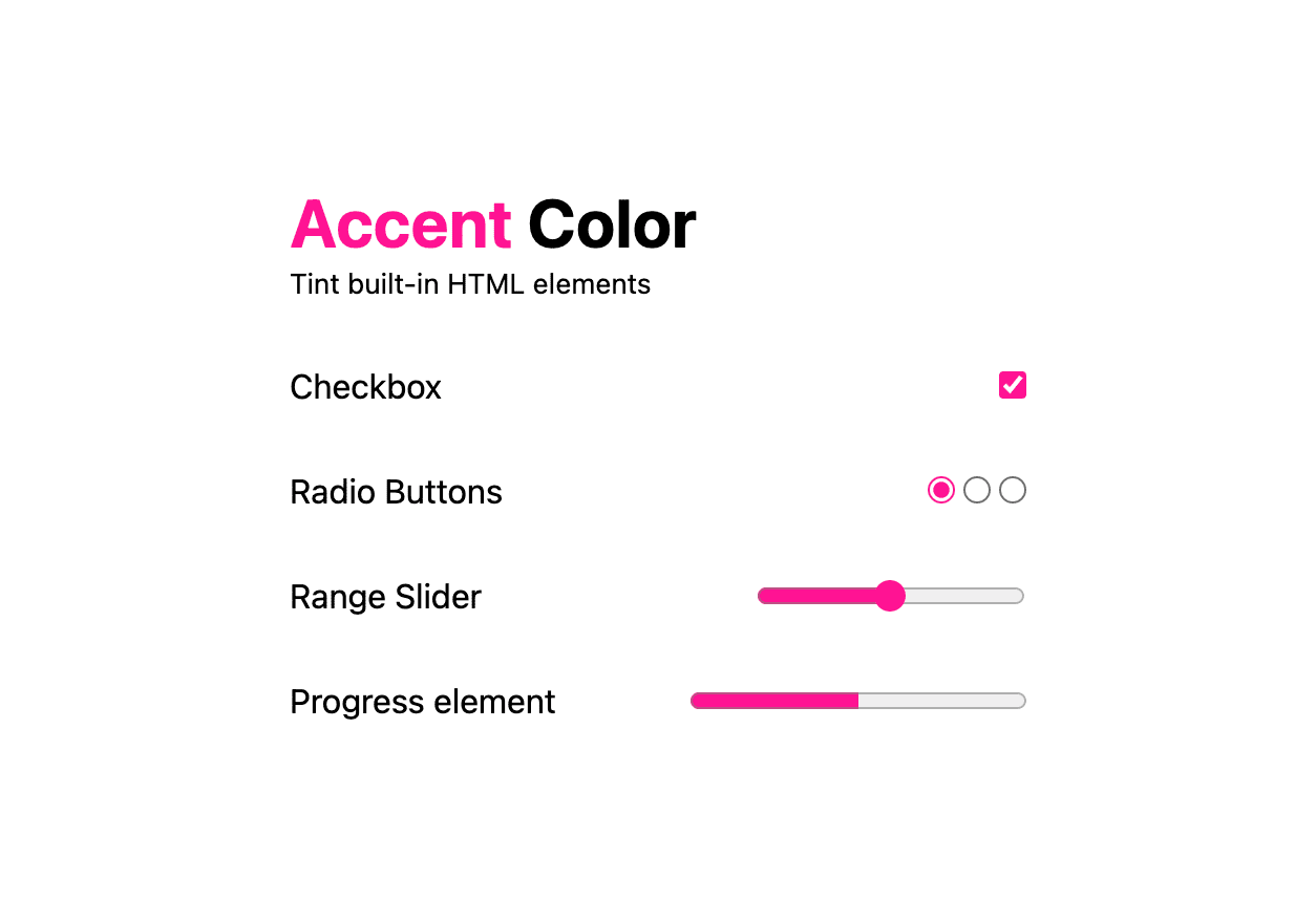 Una captura de pantalla de una demostración de color de acento en tema claro, donde la casilla de verificación, los botones de radio, el control deslizante de rango y la barra de progreso están teñidos de color hot-pink (rosa vívido).