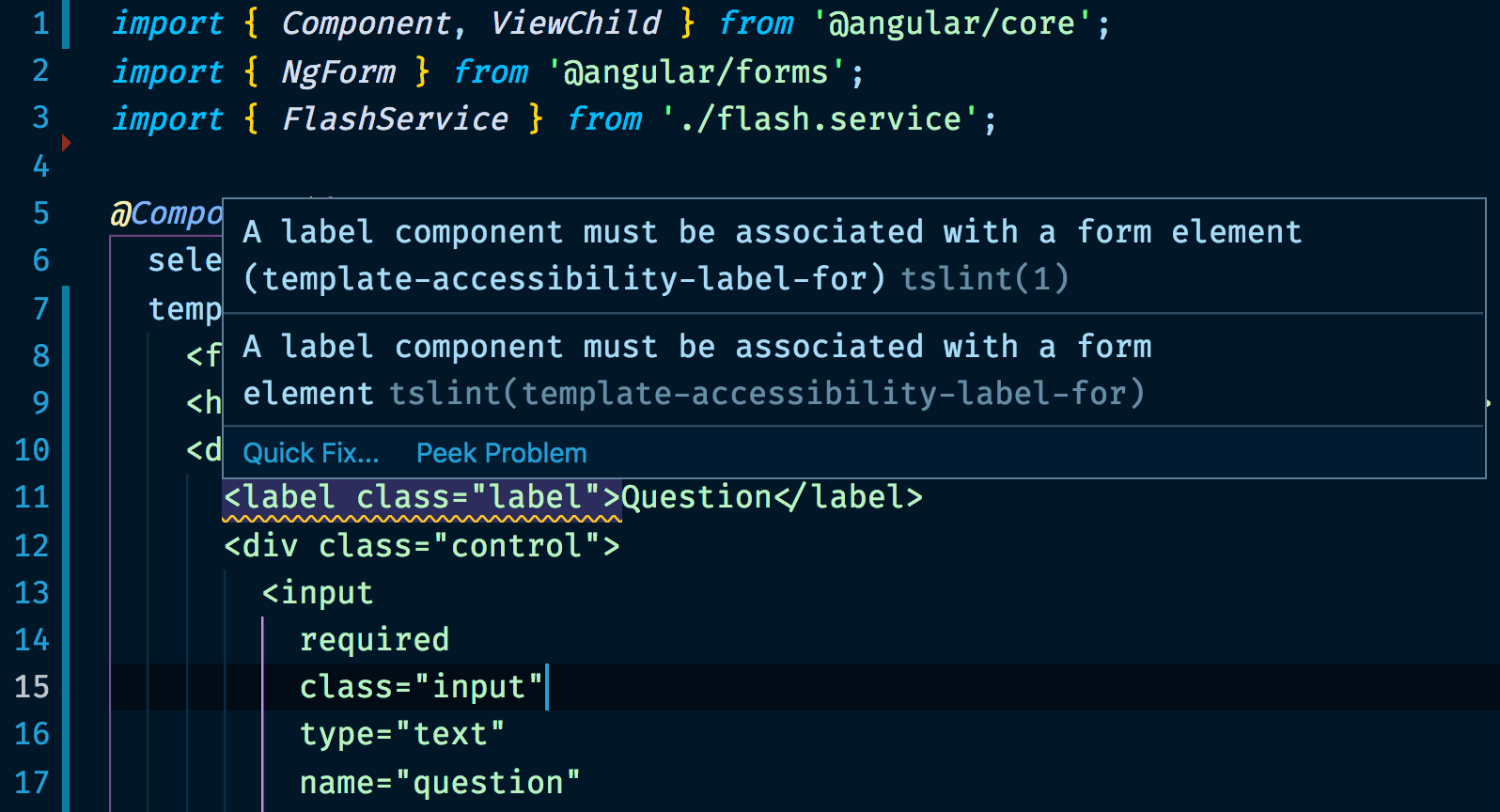 テキスト エディタの codelyzer ポップアップのスクリーンショット。