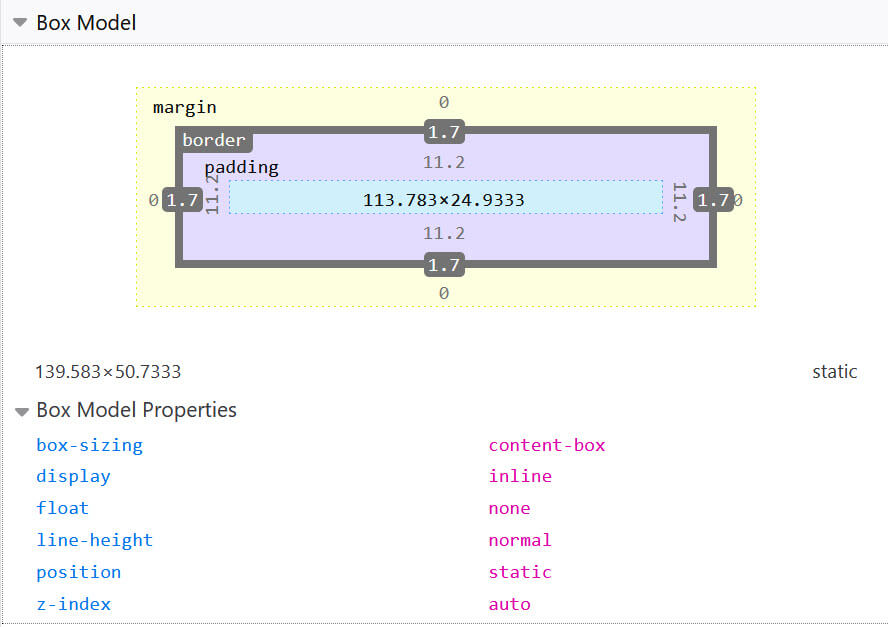 Il riquadro Layout in Firefox DevTools che mostra le dimensioni di un elemento