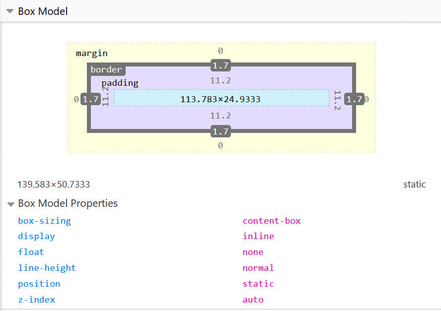 Панель макета в Firefox DevTools, показывающая размер элемента a.