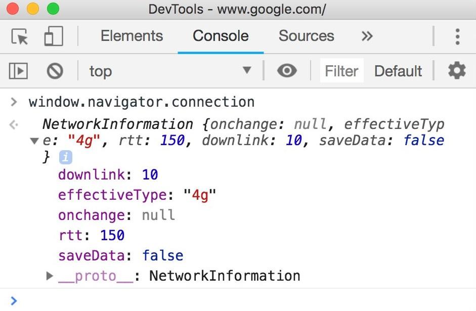 La consola de las Herramientas para desarrolladores de Chrome muestra los valores de las propiedades del objeto navigator.connection