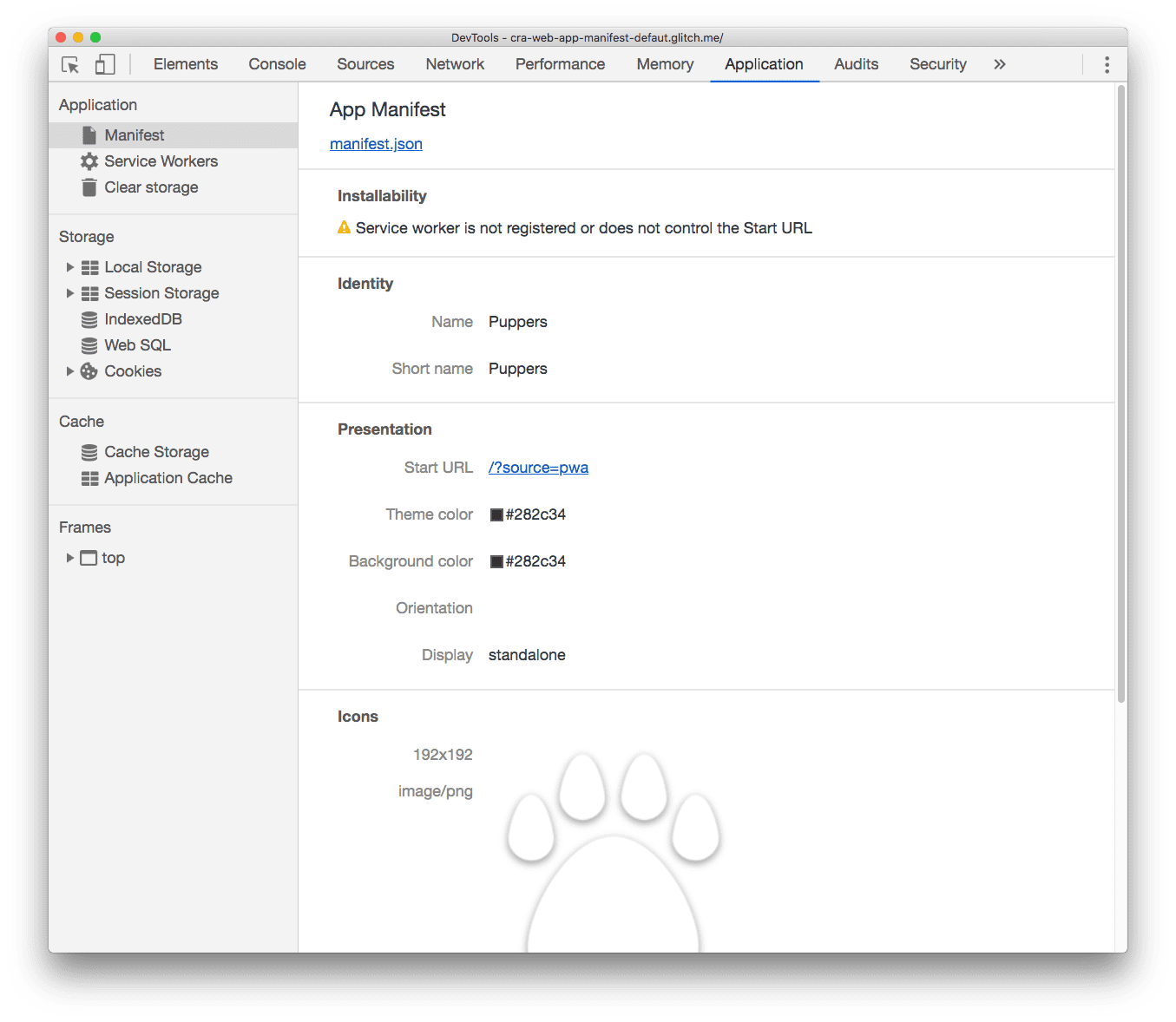 La pestaña Manifest de DevTools muestra las propiedades del archivo de manifiesto de la app.