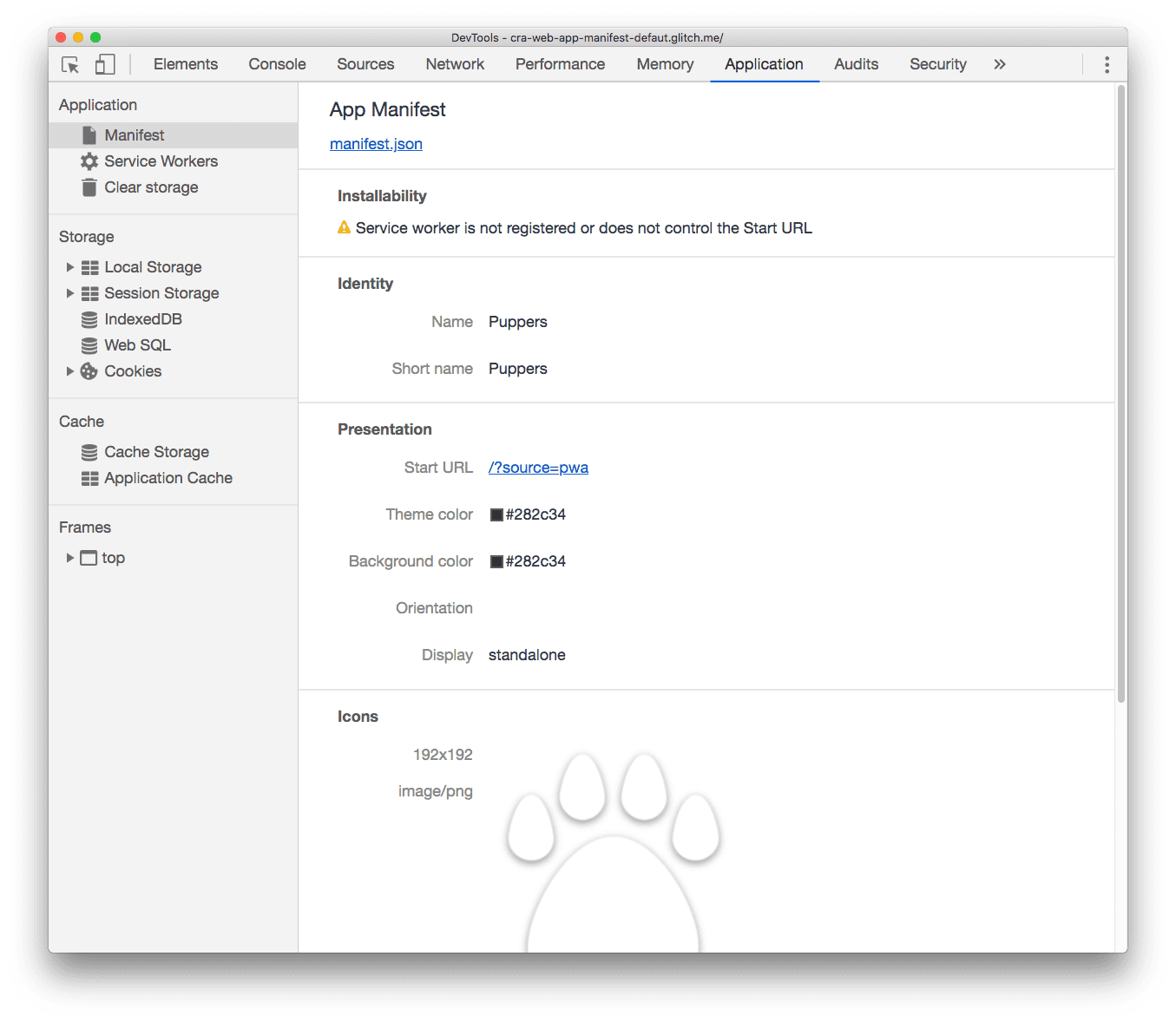 แท็บไฟล์ Manifest ของ DevTool แสดงพร็อพเพอร์ตี้จากไฟล์ Manifest ของแอป