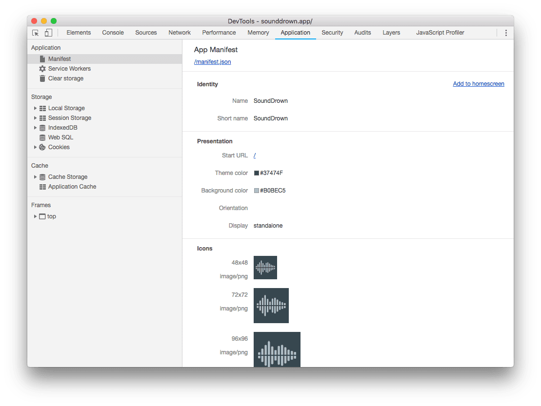 El panel de aplicaciones en Chrome Devtools con la pestaña Manifiesto seleccionada.