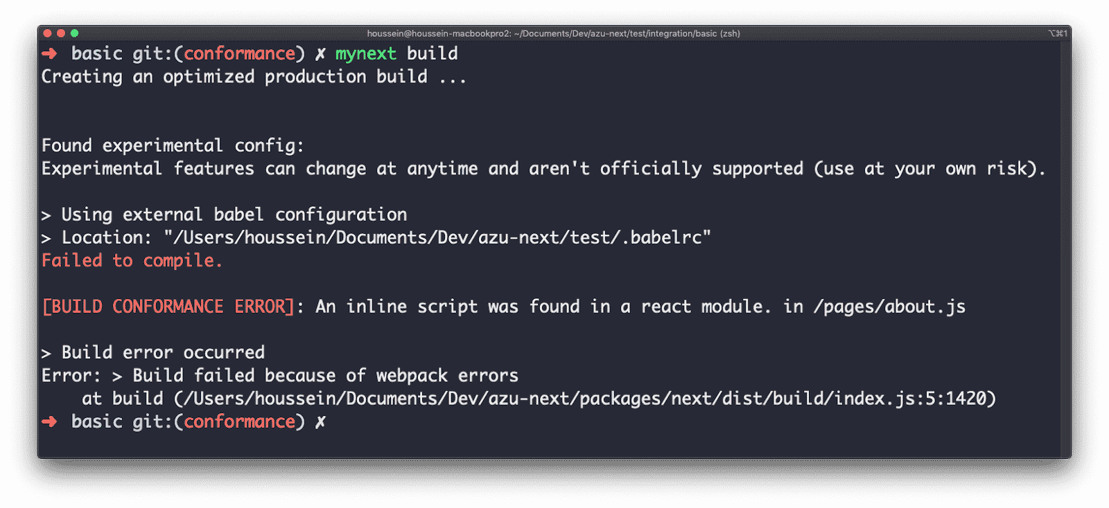 דוגמה לשגיאת build של תאימות ב-Next.js