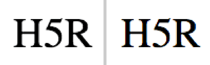 Gambar 5 - Sebelum dan sesudah: hitam putih vs. subpiksel. Perhatikan
    tepi warna teks di sebelah kanan