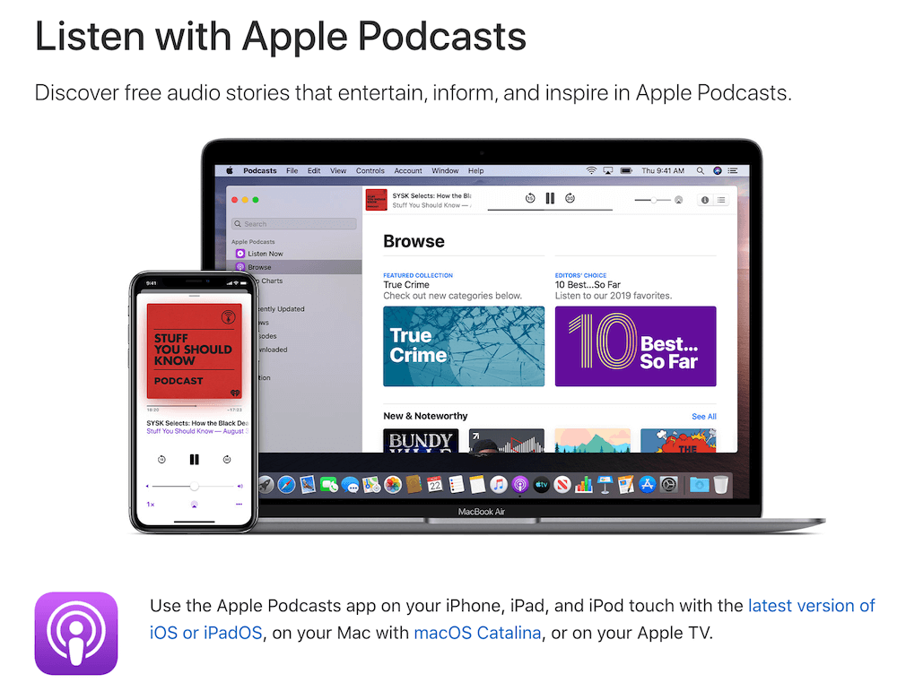 An iPhone and a MacBook side by side, both running the Podcasts application.