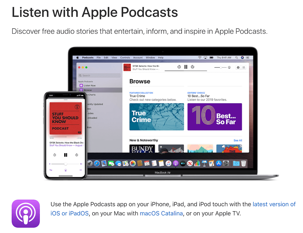 इस इमेज में, एक iPhone और एक MacBook को साथ-साथ दिखाया गया है. दोनों में Podcasts ऐप्लिकेशन चल रहा है.