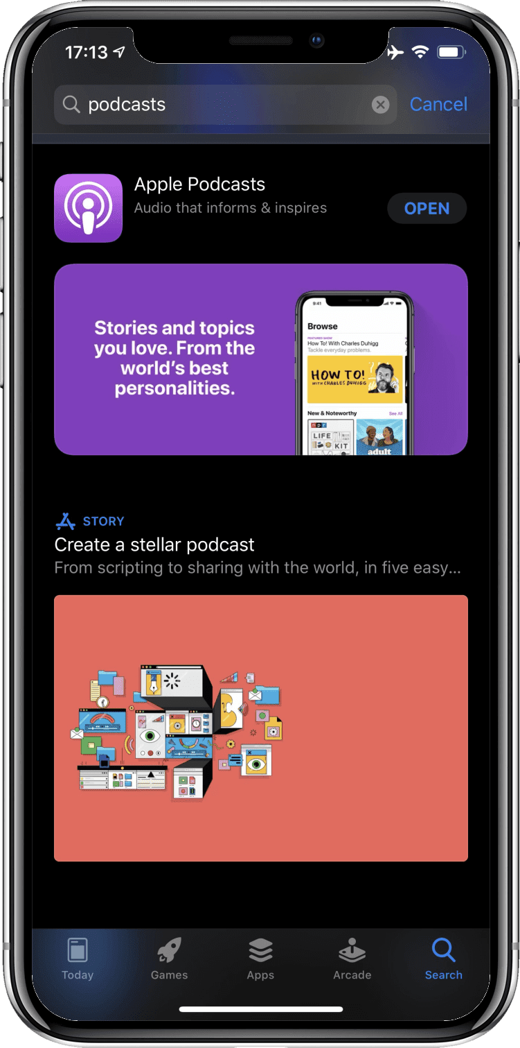 iOS App Store search for 'podcasts' reveals the Podcasts app.