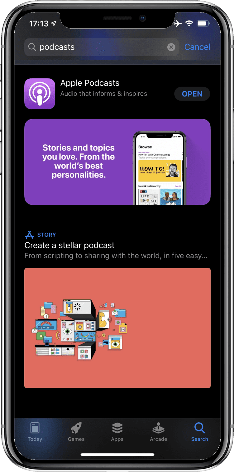 جستجوی «پادکست‌ها» در اپ استور iOS، اپلیکیشن Podcasts را نمایش می‌دهد.