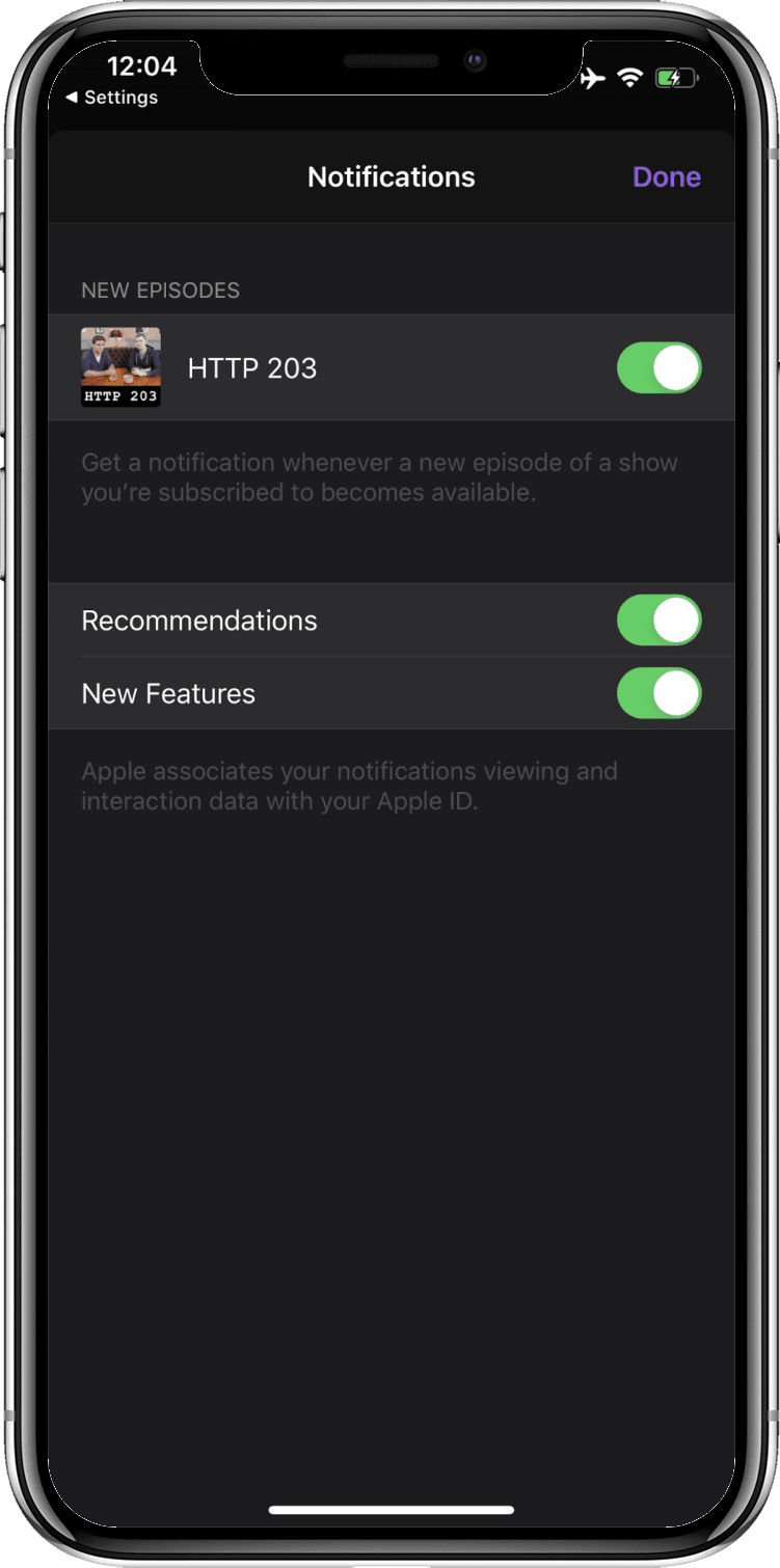 iOS Podcasts app in the 'Notifications' settings screen showing the 'New Episodes' notifications toggle activated.