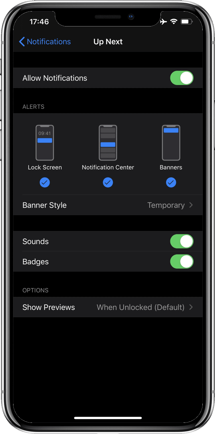 Pantalla de configuración de iOS que muestra el botón de activación &quot;Insignias&quot; activado.