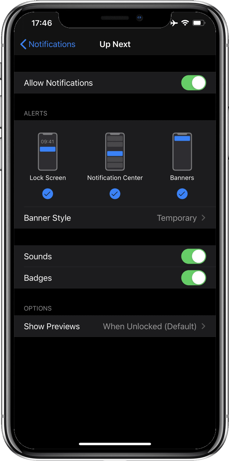 Écran des paramètres iOS avec l&#39;option &quot;Badges&quot; activée