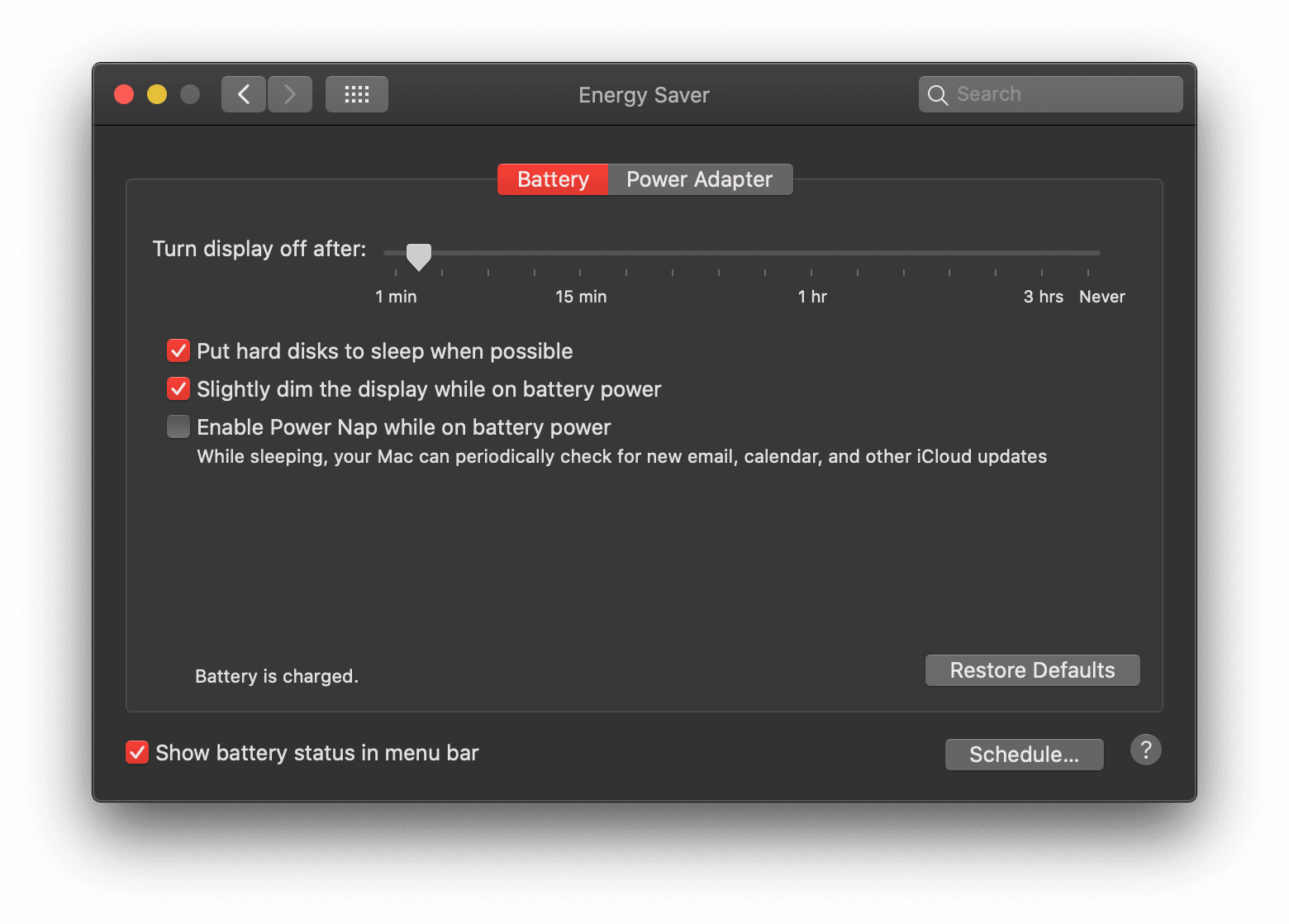 macOS の [省エネ] セクションにある設定。