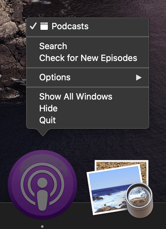 Podcasts app icon context menu showing the 'Search' and 'Check for New Episodes' options.