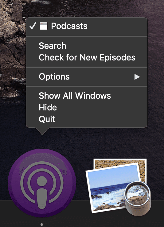 Menu contextuel de l&#39;icône de l&#39;application Podcasts affichant les options &quot;Rechercher&quot; et &quot;Rechercher de nouveaux épisodes&quot;.