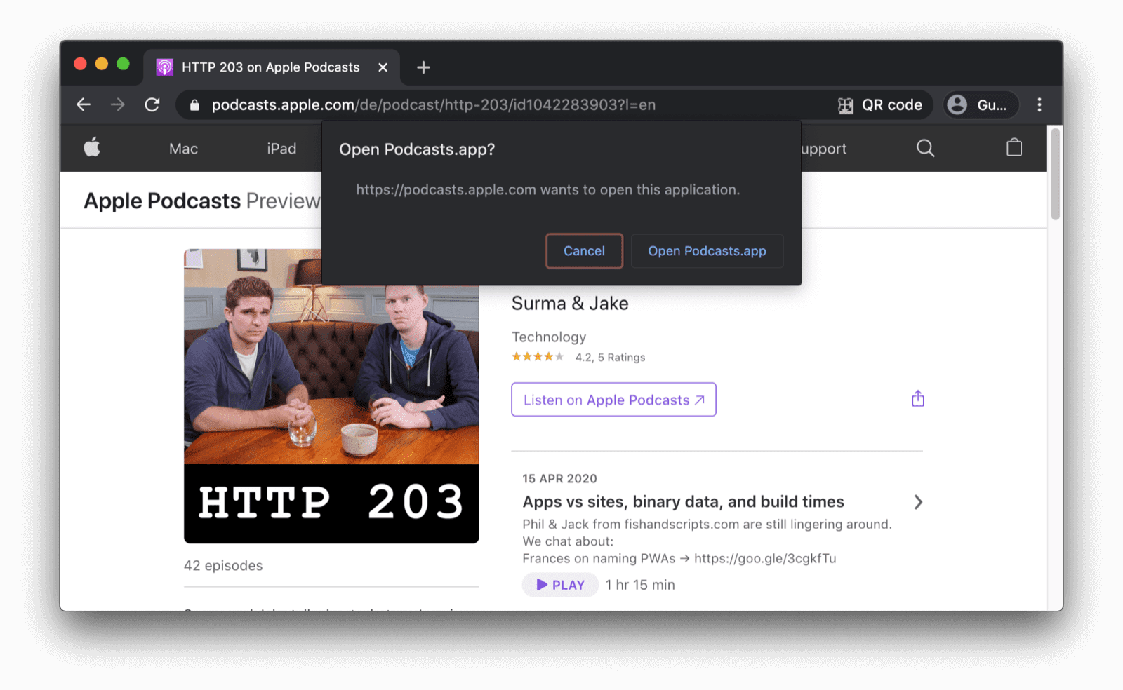 The Chrome browser showing a confirmation dialog asking the user whether they want to open the Podcasts app.