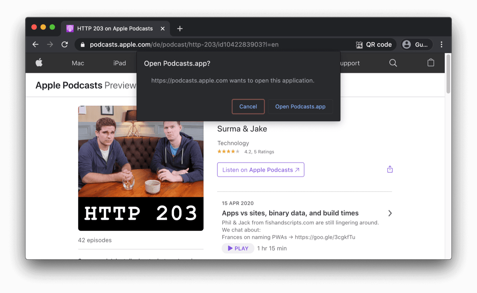 사용자에게 팟캐스트 앱을 열지 묻는 확인 대화상자가 표시된 Chrome 브라우저