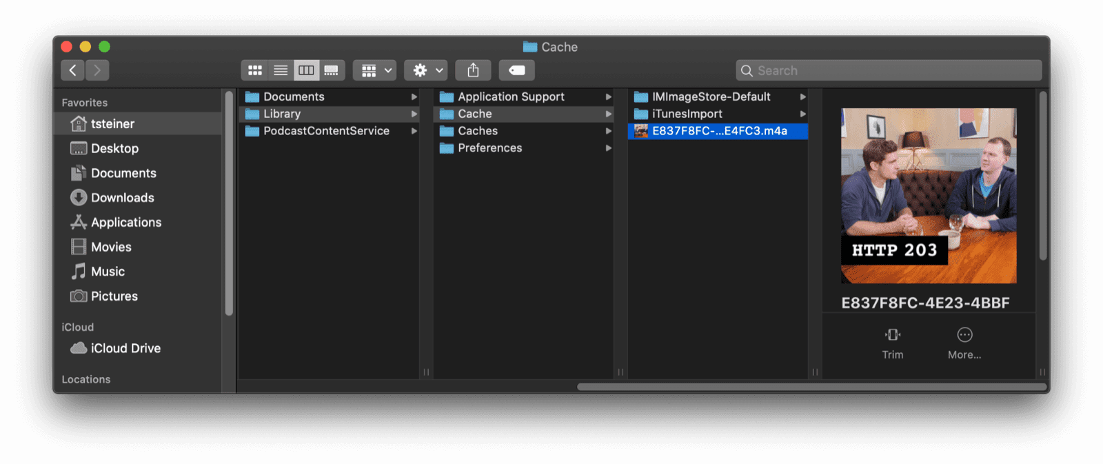 The macOS Finder navigated to the Podcasts app's system directory.