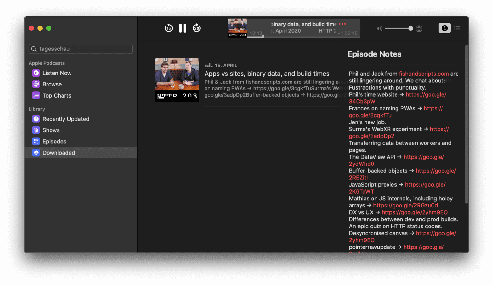 O app Podcasts com a gaveta &quot;Episode Notes&quot; aberta.