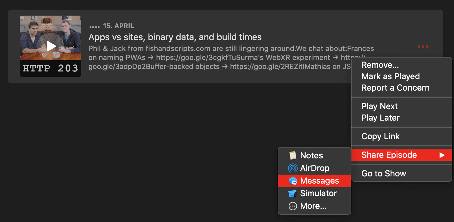 Menu contextuel de l'application Podcasts appelé sur un épisode de podcast avec l'option "Partager l'épisode → Messages" sélectionnée.