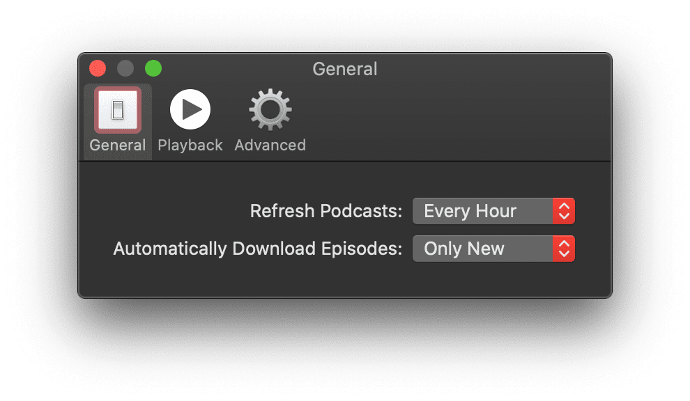 Podcasts アプリの設定メニューの [全般] セクションにある、[ポッドキャストの更新] オプションが [1 時間ごと] に設定されている。