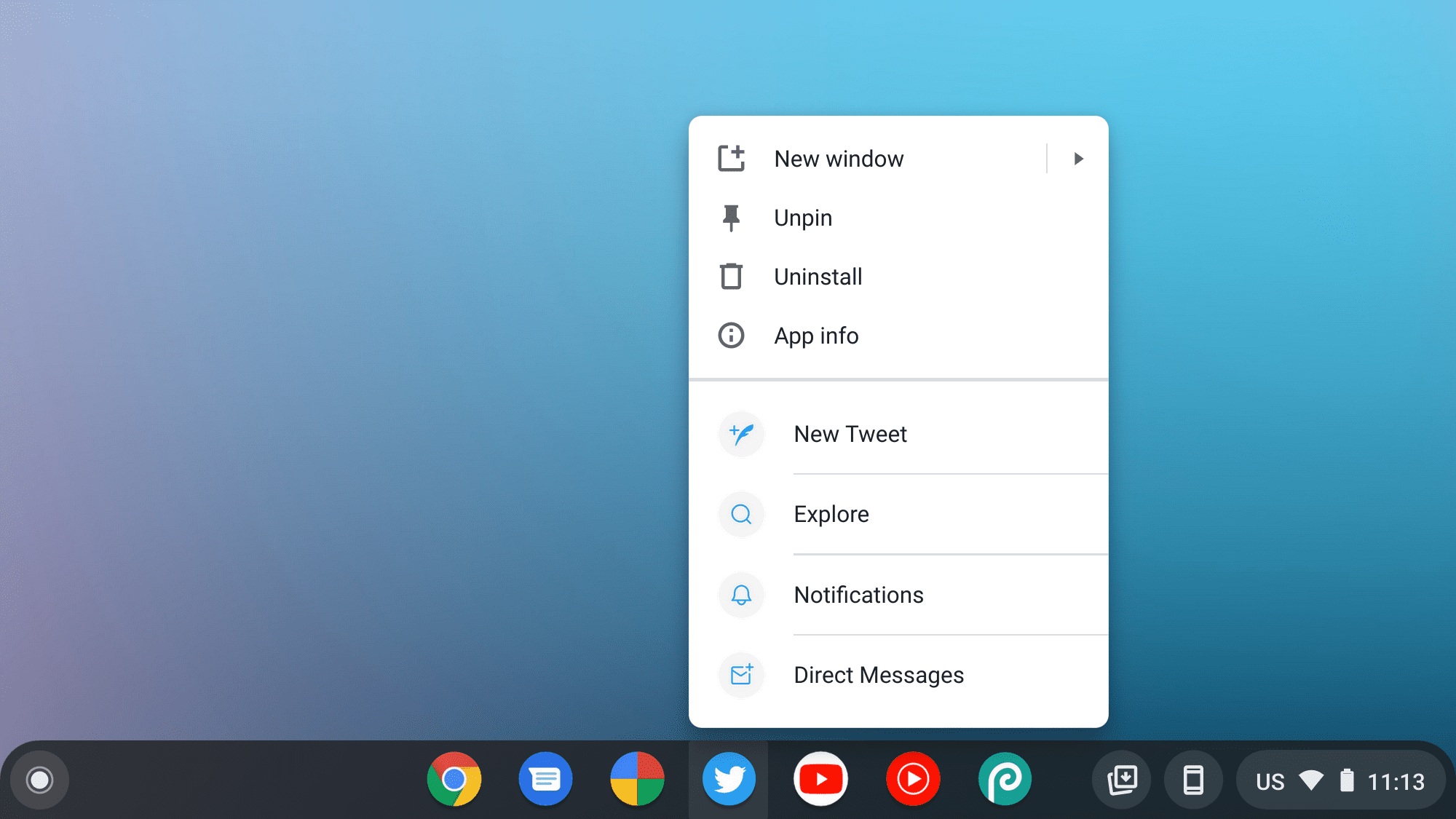 ChromeOS पर खोले गए ऐप्लिकेशन शॉर्टकट मेन्यू का स्क्रीनशॉट