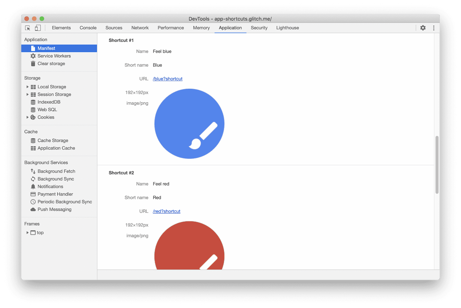 Screenshot pintasan aplikasi di DevTools