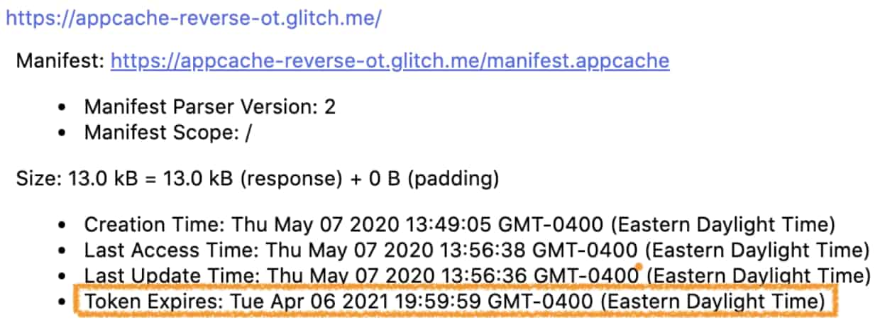 Interface about://appcache-internals mostrando um token reconhecido.