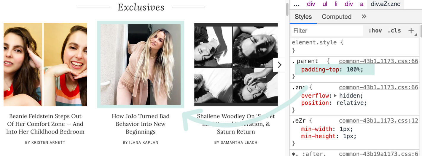 Bir banttaki gönderi önizleme resimlerinde 1:1 en boy oranını ayarlamak için padding-top özelliğini kullanma.