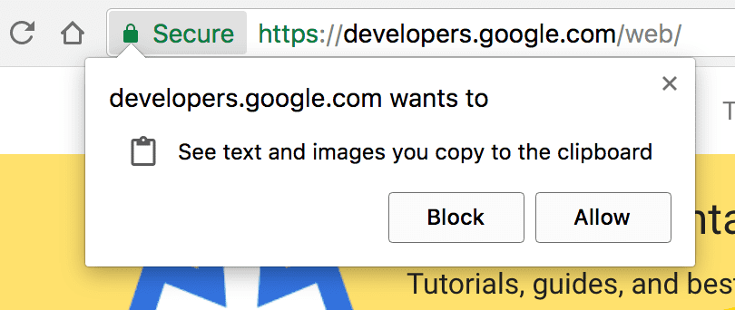 W przeglądarce wyświetla się prośba o przyznanie uprawnień dostępu do schowka.
