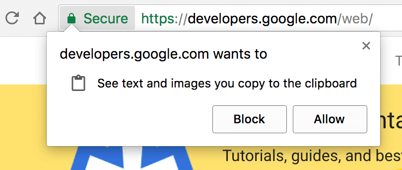 Cuadro de diálogo del navegador que solicita al usuario el permiso del portapapeles.