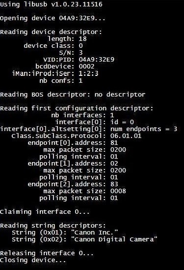 Screenshot output debug libusb
di halaman web, yang menampilkan informasi tentang kamera Canon yang terhubung