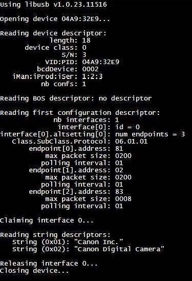 Screenshot dell&#39;output di debug di libusb su una pagina web che mostra informazioni sulla fotocamera Canon collegata