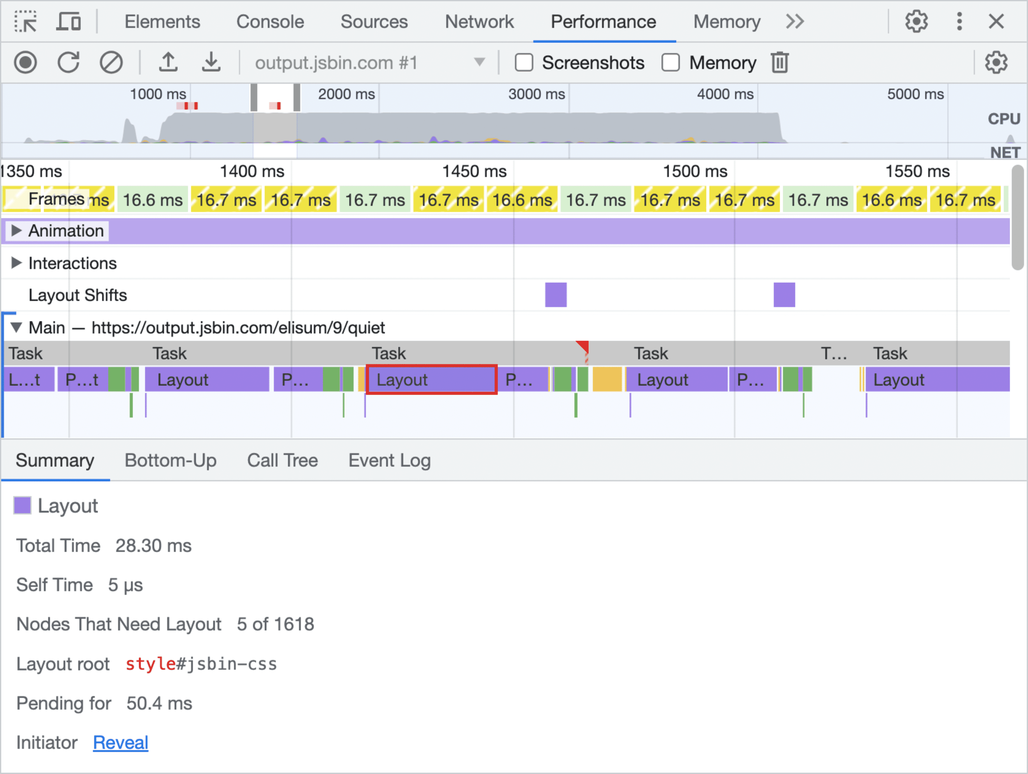 DevTools showing a long time in Layout.