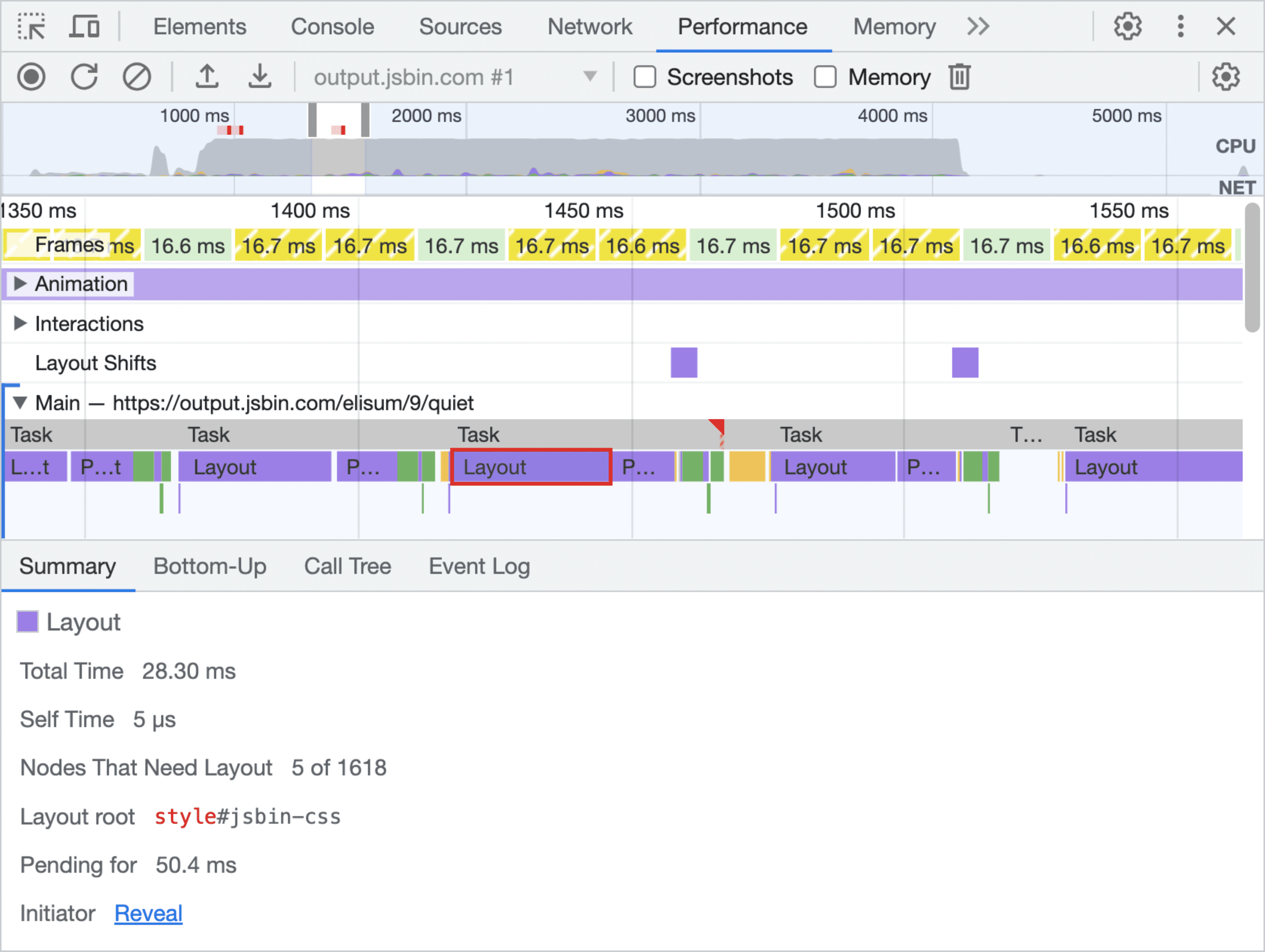 Herramientas para desarrolladores que muestran un período prolongado en Layout.